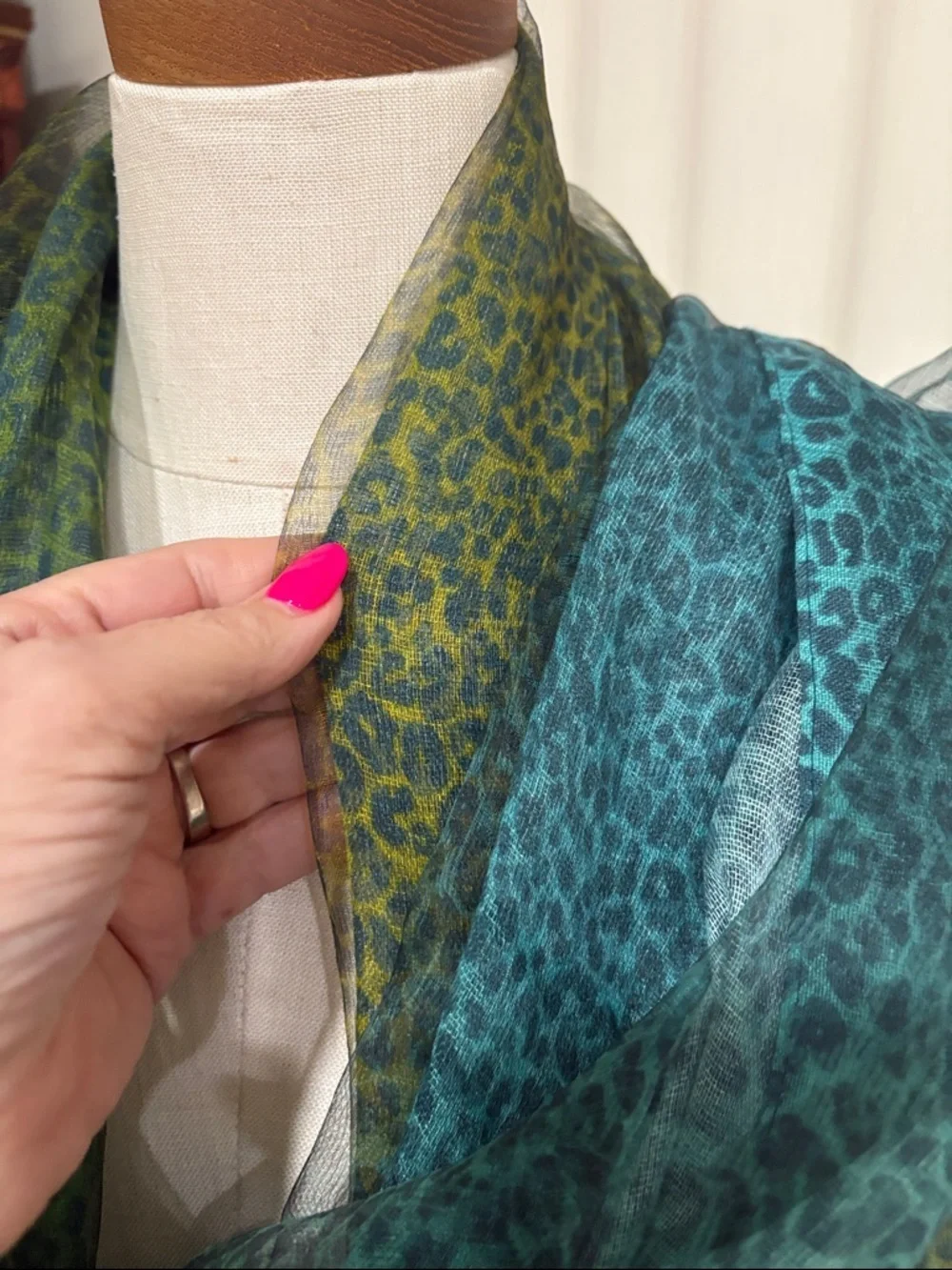 Coldwater Creek leopard Teal ombre to lime yellow Fringe Scarf SILK overlay